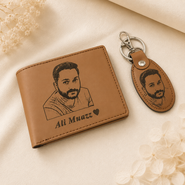 A personalized tan leather wallet and matching keychain set, both engraved with a portrait of a man and the name 'Ali Muazz' with a small heart. The keychain has a silver metal clasp.