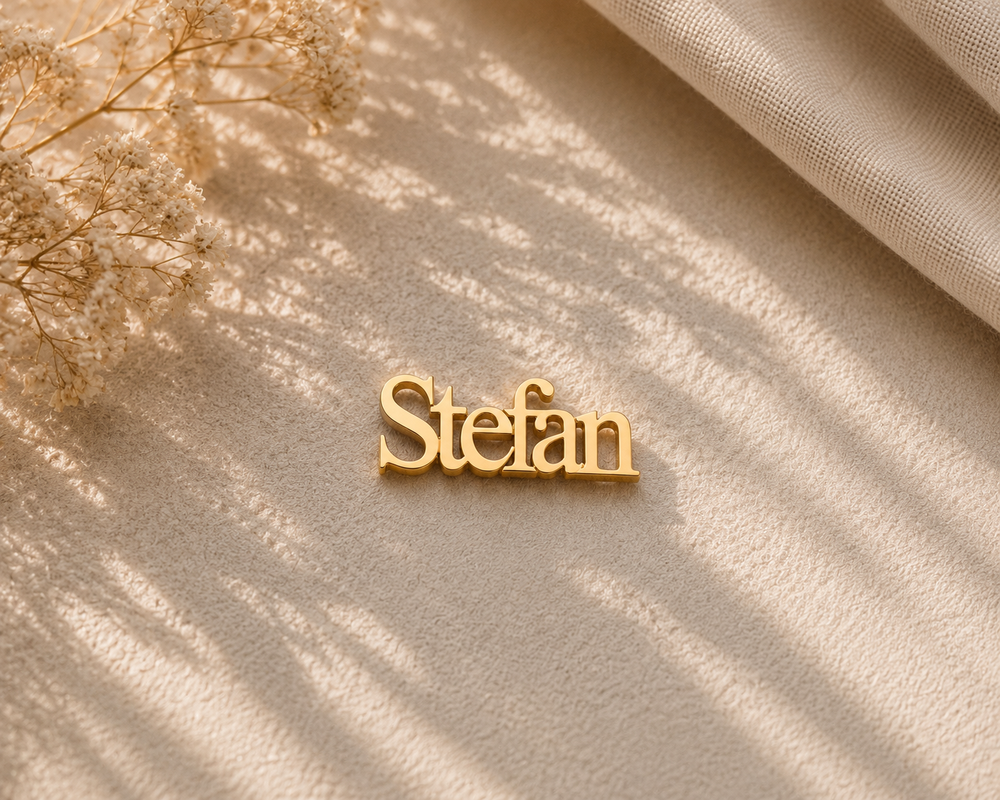 A gold personalized name pin reading 'Stefan' in a cursive font, styled on a textured beige fabric with soft leaf shadows and dried flowers.